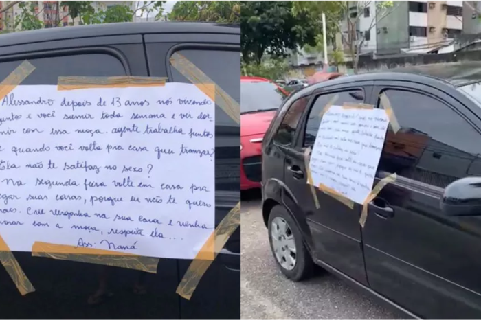 Mulher descobre traição e cola cartaz de término no carro do companheiro, em rua de Belém: 'crie vergonha na cara'